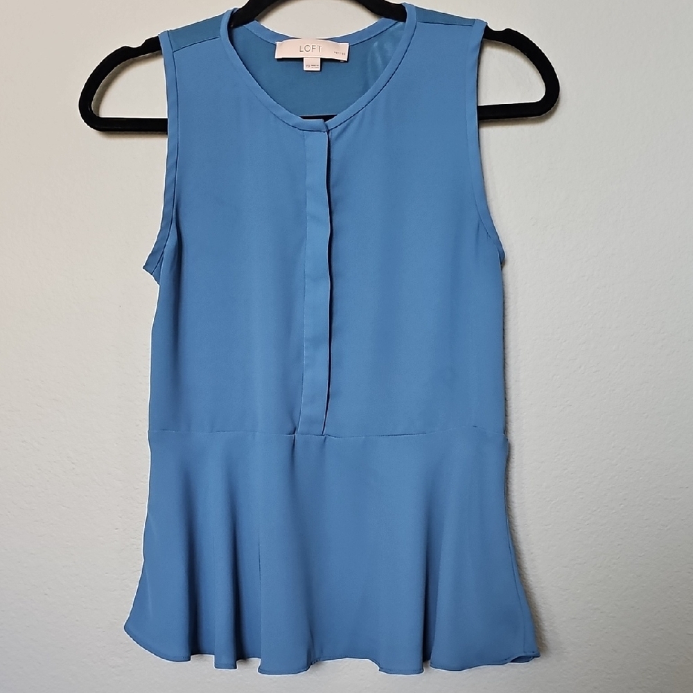 LOFT Half Button Mixed Media Sleeveless Peplum Blue Blouse XS Petite